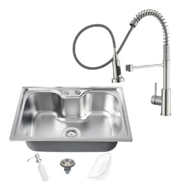 Imagem de Kit Cuba Gourmet 50x40 Cozinha Com Acessórios Prata + Torneira Monocomando Flexível Gourmet Aço Inox Prata Brinovar