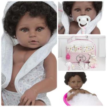 Imagem de Boneca Reborn Negra Menina Linda Enxoval Completo Roupão - Cegonha Reb