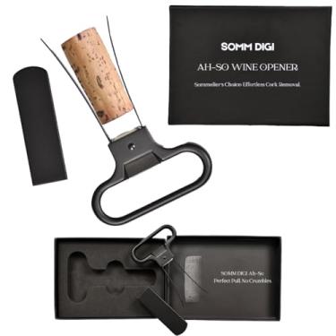 Imagem de SOMM DIGI Abridor de vinho Sommelier Ah-So com saca-rolhas e disco de vinho para presente – Extrator de cortiça de duas garras para vinhos envelhecidos, remoção de cortiça sem migalhas.