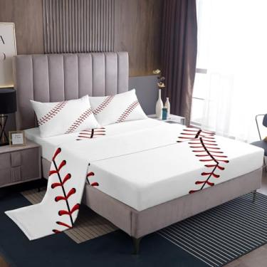 Imagem de Jogo de lençol Queen de beisebol, listrado, geométrico, patchwork geométrico, para decoração de quarto de meninos e meninas e homens, jogo de cama com bola, vermelho e branco, 4 peças (elástico +
