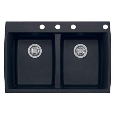 Imagem de Transolid GTDE3322-09-BCDE Genova SilQ Granito 4 furos Pia de cozinha dupla igual a 83,8 cm C x 22 cm L x 20,3 cm A, Preto