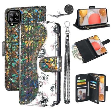 Imagem de Dibosom Capa carteira floral para Samsung Galaxy A42 5G com alça de pulso alça de ombro flip zíper bolsa porta-cartão, suporte brilhante brilhante para celular A 42 G5 42A S42 4G 2021 preta