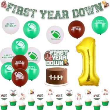 Imagem de JOYMEMO Football 1st Birthday Decorations for Boys - First Year Down Football Banner Cake Topper & Cupcake Toppers, Number 1 Balloon, Football Printed Balloons, Sports Theme Birthday Party Supplies