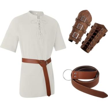 Imagem de Jeyiour 3 Pcs Renaissance Costume Men Medieval Viking Tunic Knight Costume Faux Leather Arm Guards and Shirts(XX-Large,Beige)