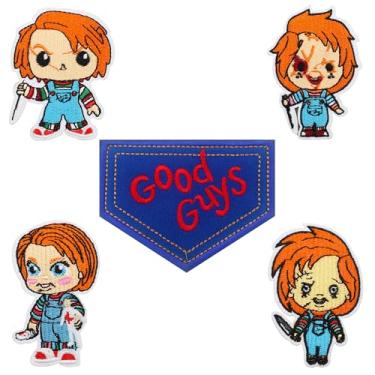 Imagem de 5 peças de adesivos Good Guys para fantasia de Chucky, adultos, mulheres, adultos, masculinos, camisolas, remendos de Halloween, macacões, tatuagens temporárias de Halloween - Passar a ferro