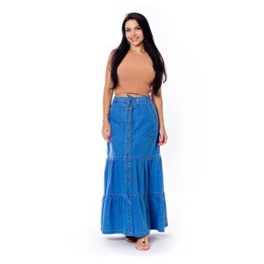 Imagem de Saia de botões  Longa Jeans Com Recortes  - Restrito Jeans, 50, Azul m
