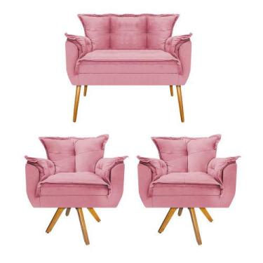 Imagem de Kit Namoradeira e 02 Poltronas Opala Base Giratória de Madeira Suede R