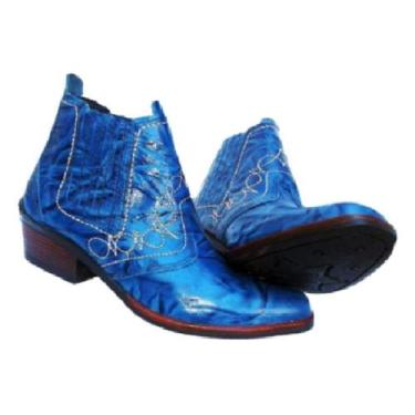 Imagem de Bota Country Cor Azul Sertanejo Botina Em Couro Solado Costurado Salto