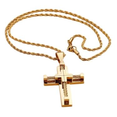 Imagem de Colar Masculino Crucifixo "Holy Cross" Banhado a Ouro 18K - Aço Inoxidável, 60cm - Elegância e Fé - Acompanha Bolsa de Veludo