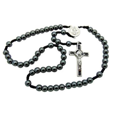 Imagem de Terço com fio de hematita de São Bento, porcelana, Hematita