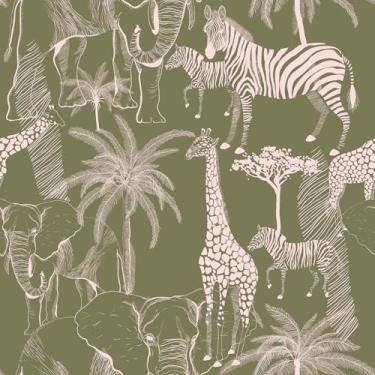 Imagem de Livelynine Papel de parede de animais da selva cola e descasque animais da floresta papel de parede verde e branco papel de parede autoadesivo palmeira tropical floresta safári girafa zebra elefante