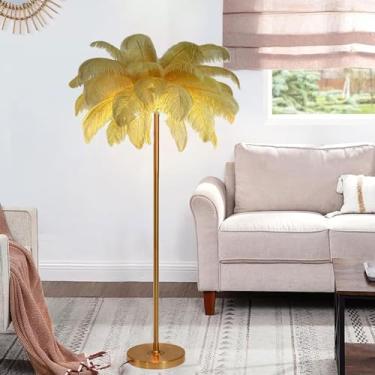 Imagem de Luminária de chão nórdica, luminária de chão de penas naturais regulável, proteção ocular, iluminação de leitura, luz alta para sala de estar, quarto, escritório