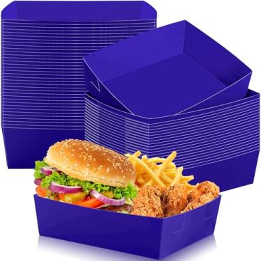 Imagem de Uiifan Pacote com 50 bandejas de papel para alimentos de 2,25 kg, pratos de nacho, bandejas de servir descartáveis, resistentes a gordura, barcos de servir para lanches de festa, tacos, cachorro-quente, churrasco, pipoca (azul escuro)