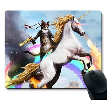 Imagem de Apottwal Mouse pad MP-0003 Funny Cute Cat Dressed as Rambo with Gun Riding a Glowing Red Eyes Fire Breathing Unicorn