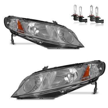 Imagem de KarSpareHub Conjunto de faróis com lâmpadas para Honda Civic 2006-2011 de substituição para Honda Civic 4 portas, lente fumê cromada, lado do motorista e do passageiro