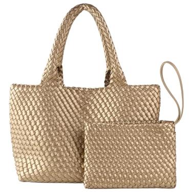 Imagem de SporGenius Sacola de tecido para mulheres, bolsas de couro vegano feitas à mão com bolsa pequena, bolsas trançadas grandes com alça superior, Dourado, Large