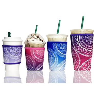 Imagem de Baxendale Manga de Café Gelado para Copos de Bebida Fria – Pacote com 4 Mangas de Neoprene para Bebidas Frias e Reutilizáveis, Compatíveis com Starbucks Dunkin, 4 mm de Espessura (4 PS/M/G, Mistura de Mandala)