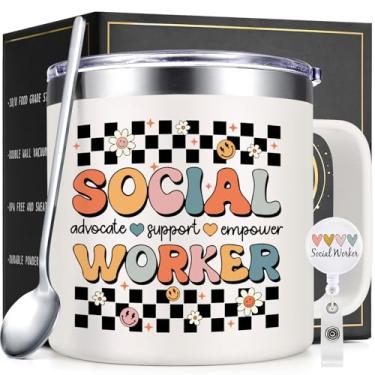 Imagem de Lifecapido Presentes de assistente social para mulheres, presentes de agradecimento de assistente social, caneca de café de 400 ml com carretel de crachá, presentes de mês de trabalho social,