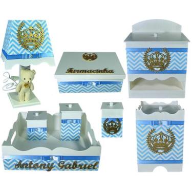 Imagem de Kit Higiene bebê Mdf decorado 8 pçs - CHEVRON AZUL BB COROA - Flores p