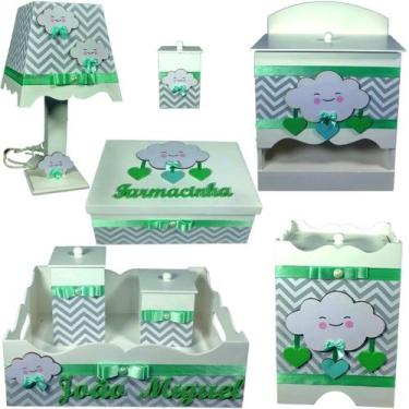 Imagem de Kit Higiene bebê Mdf decorado 8 pçs - CHUVA DE AMOR CHEVRON CINZA COM 