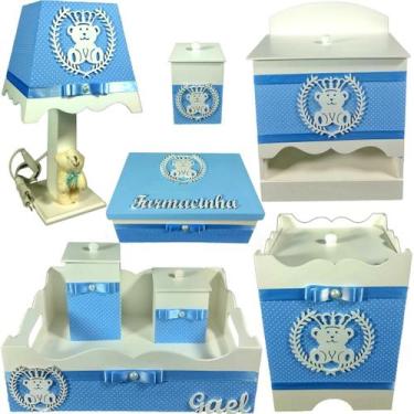 Imagem de Kit Higiene bebê Mdf 8 peças Azul BB de Bol. Urso Branco - Flores para