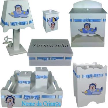 Imagem de Kit de Higiene bebê mdf menino - urso aviador branco e azul bb - FLORE