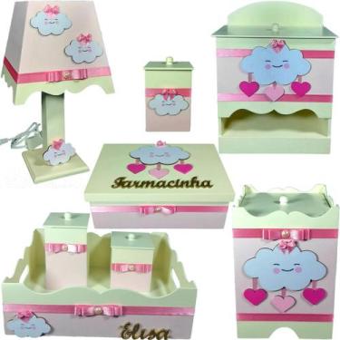 Imagem de Kit Higiene bebê Mdf farmacinha 8 pçs - CHUVA DE AMOR Creme e rosa - F