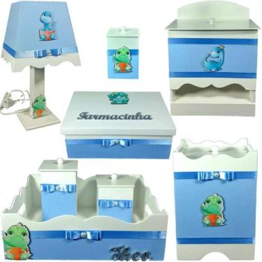 Imagem de Kit Higiene bebê Mdf farmacinha 8 pçs - DINOSSAURO AZUL BB - Flores pa