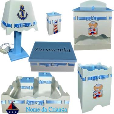 Imagem de Kit de Higiene bebê mdf menino - urso marinheiro branco tampas azul bb