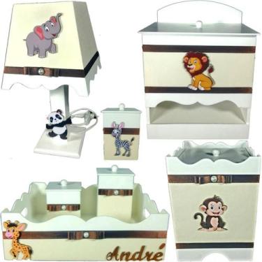 Imagem de Kit Higiene bebê Mdf decorado 7 pçs - SAFARI BRANCO COM PALHA - Flores