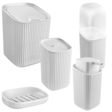 Imagem de Kit Banheiro Lixeira Porta Escova Porta Algodão e Saboneteira Dispenser 400ml (Branco)