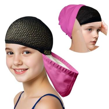 Imagem de Lynllsh Touca de natação infantil para cabelo comprido tecido PU touca de natação para meninas 2 tamanhos chapéus de natação para crianças de 6 a 14 anos, bonés de piscina para proteger o cabelo sem