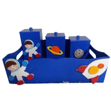 Imagem de Kit Higiene Bebê MDF 4 Peças Cesta Organizadora Astronauta