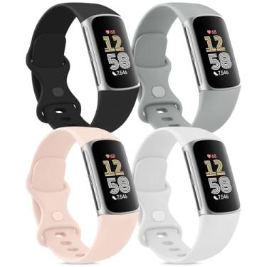 Imagem de Vancle Pulseira compatível com Fitbit Charge 6 para mulheres e homens [pacote com 4], pulseiras esportivas clássicas de substituição macia para Fitbit Charge 5 Fitness & Health Tracker (preto + cinza