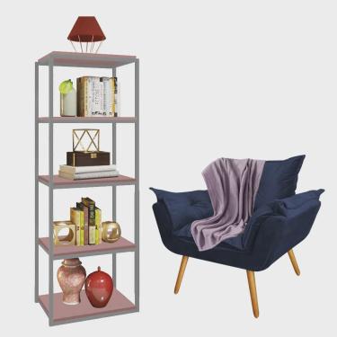 Imagem de Kit Poltrona Fatte com Manta Soft Lilás e Estante Livreiro Ferro Prata mdf Rose Suede Azul Marinho - Ahz Móveis