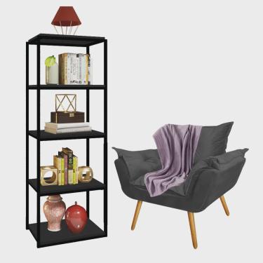 Imagem de Kit Poltrona Fatte com Manta Soft Lilás e Estante Livreiro Ferro Preto mdf Preto Suede Cinza - Ahazzo Móveis