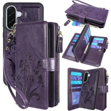 Imagem de Lacass Capa carteira para Samsung Galaxy A36 A56 5G, [12 compartimentos para cartão] Carteira de couro destacável com bolso de crédito para identidade com zíper e cordão de pulso (floral roxo escuro)