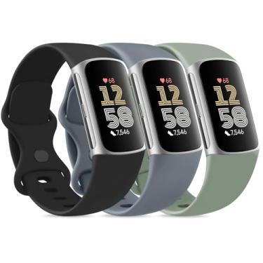 Imagem de Amzpas Pulseiras para Fitbit Charge 6 para mulheres e homens, pacote com 3, pulseira esportiva de silicone macio ajustável à prova d'água para Fitbit Charge 5