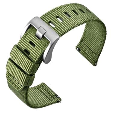 Imagem de ANNEFIT Pulseiras de relógio masculinas de liberação rápida de nylon balístico militar de 20 mm, fivela prata escovada de aço inoxidável resistente (verde oliva)