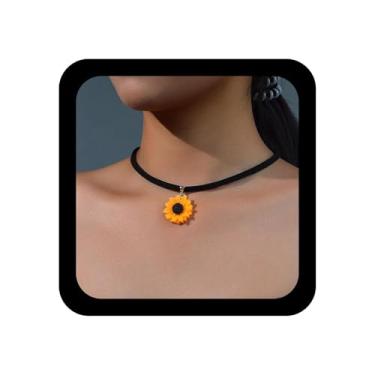 Imagem de Ximdble Gargantilha de couro de camurça preta vintage colar de resina com pingente de girassol acrílico colar gargantilha de couro preto joia feminina, Zinco, Sem Pedra Preciosa
