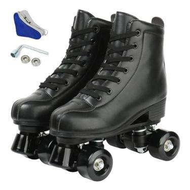 Imagem de Patins femininos com rodas iluminadas, couro artificial ajustável, fileira dupla, 4 rodas, patins pretos brilhantes para uso externo (roda preta, 42)