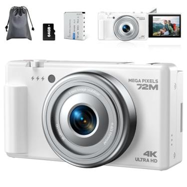 Imagem de Câmera digital para fotografia, câmera vlogging 4K 72MP para YouTube 2,8 polegadas, tela flip de 180°, câmera compacta com zoom digital de 18x, câmera digital com cartão TF de 64 GB e bateria, bolsa