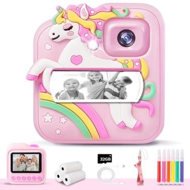Imagem de Câmera infantil com impressão instantânea, câmera digital infantil 48MP e 1080p com capa de silicone e 3 rolos de papel de impressão, canetas DIY e cartão de 32G, presentes de aniversário de Natal