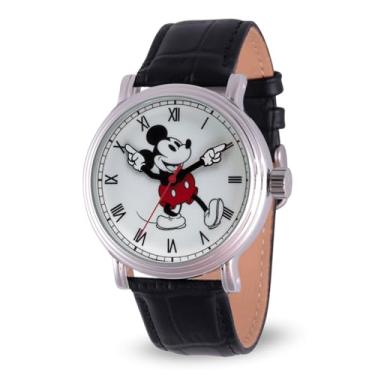Imagem de Disney Relógio Mickey - Relógio masculino - Relógios Mickey Mouse para homens - Brinquedos - Mouse dos anos 90 - Vintage - Mãos articuladas - Caixa prata - Pulseira de couro preta, Prata, preto