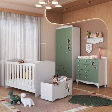 Imagem de Conjunto Quarto de Bebê com Berço, Cômoda, Guarda-roupa, Prateleira e Baú de Brinquedos Branco/Verde