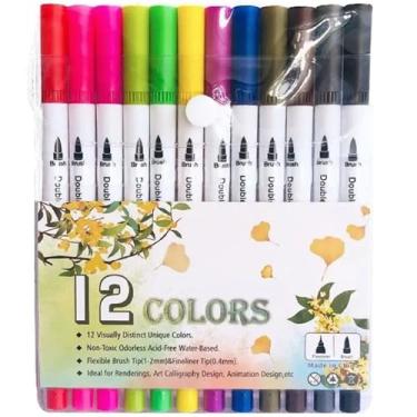 Imagem de Kit Canetinha Hidrográfica Colorida Marcador Ponta Dupla Fina e Grossa Cores Vivas e Duráveis 12 Cores