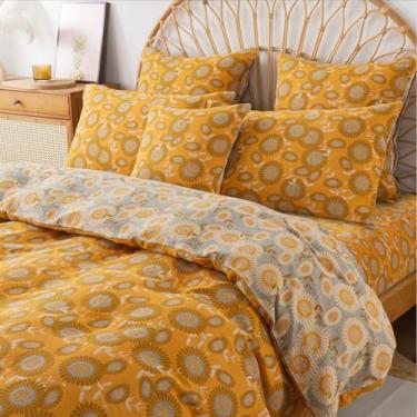 Imagem de FADFAY Conjunto de capa de edredom floral de gaze dupla, 100% algodão, Queen, estampa de girassol, laranja, desgastado, vintage, estilo campo, roupa de cama para todas as estações, macia, respirável