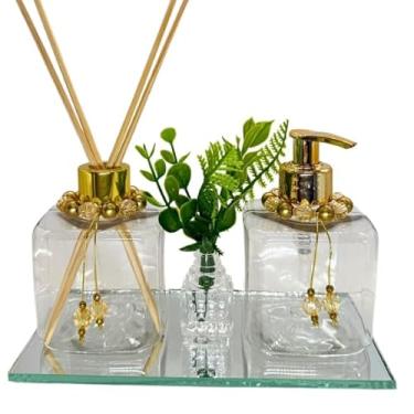 Imagem de Kit Lavabo Plástico LUXO Cubo TRANSPARENTE Saboneteira e Difusor com Bandeja