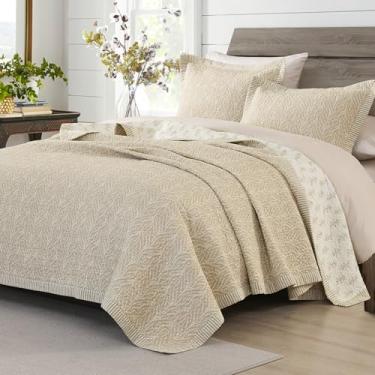 Imagem de CozyQQ Conjunto de colcha king size – 100% algodão, bege, off-white, estampa botânica, conjunto de cama, leve, floral, reversível, com 2 fronhas, 3 peças para todas as estações, 98 x 106
