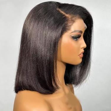 Imagem de Nuoanla Peruca De Cabelo Humano Yaki Bob Com Renda Hd Light, Brasileira, Crespa, Lisa, Cacheada, Baby Hair, Sem Cola, 13X6, Frente Transparente, Cor Natural, Remy, Densidade 150%, 35 Cm